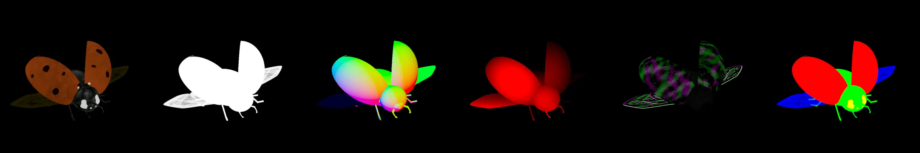 Six LadyBug render passes side by side, from beauty and alpha to ID matte